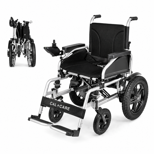Silver CAL+CARE lightweight folding electric wheelchair rental in Calgary