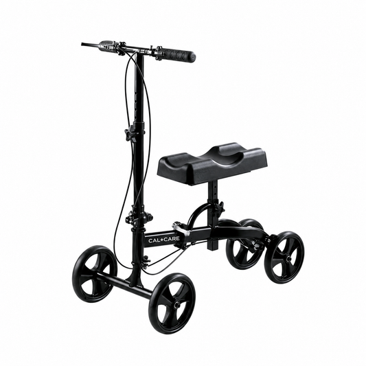 Black CAL+CARE steerable knee walker rental with padded knee platform in Calgary
