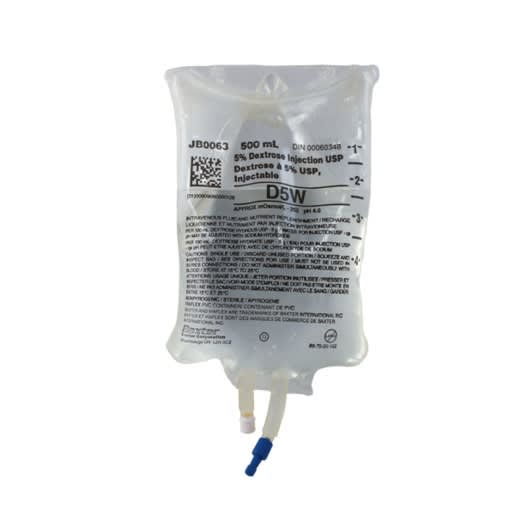Baxter 5% Dextrose Injection USP, 500 mL VIAFLEX container, product JB0063.