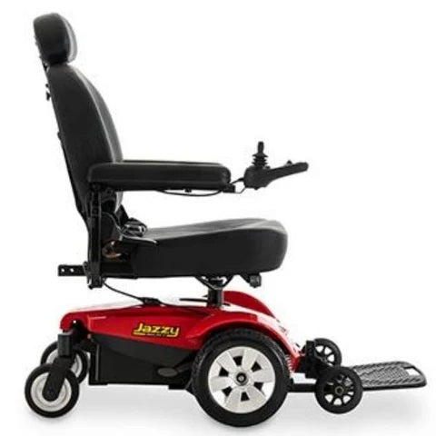 Representative side view of a red Jazzy non-folding power wheelchair rental in Calgary
