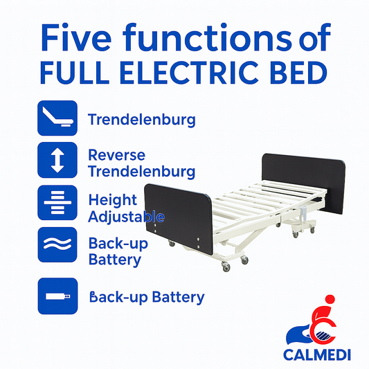 "CalCare full electric hospital bed with adjustable height, Trendelenburg and reverse Trendelenburg functions, wooden head and foot boards, and caster wheels – ideal for home care and long-term medical use