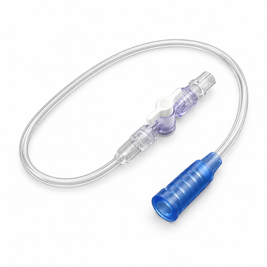 Illustration of Easy Connect 12-inch tubing with removable one-way stopcock on white background