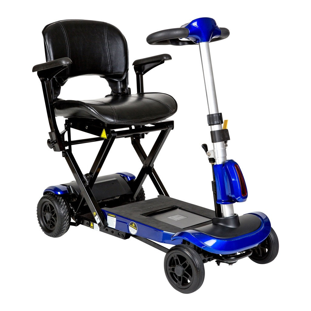 Blue ZooMe Auto-Flex automatic folding travel mobility scooter available in Calgary from Calmedi
