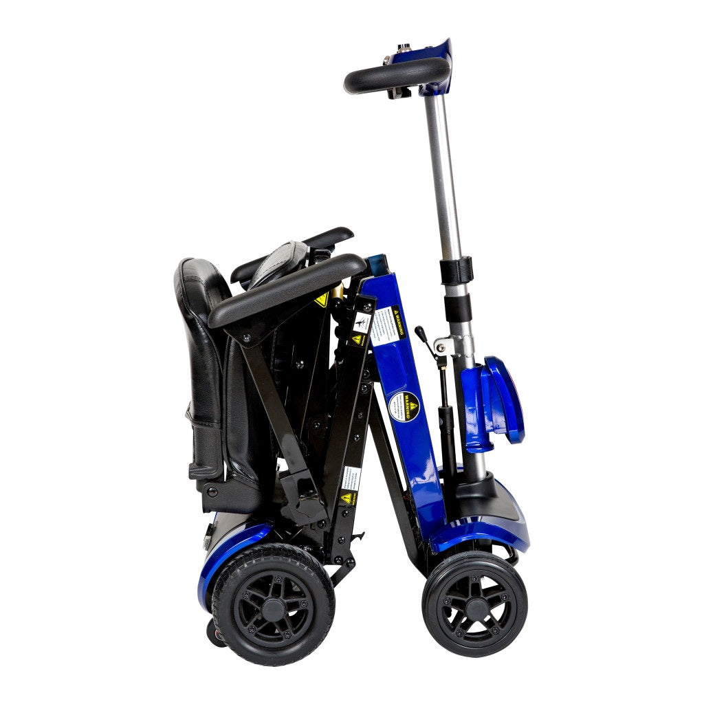 Blue ZooMe Auto-Flex travel mobility scooter shown in its compact folded position