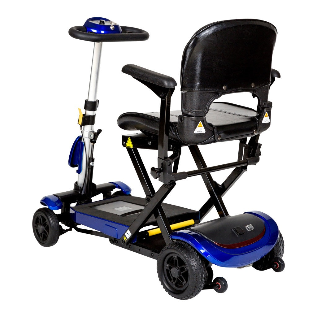Rear view of blue ZooMe Auto-Flex folding mobility scooter with padded seat and adjustable armrests