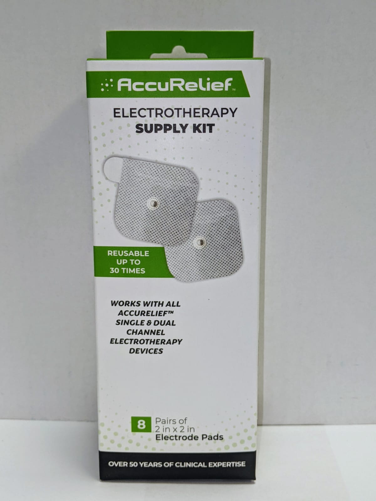 AccuRelief, Electrotherapy Supply Kit. Reuseable up to 30 times. Works with all Accurelief single and dual channel electrotherapy devices. 8 pairs of 2in by 2in electrode pads. Over 50 years of clinical expertise.